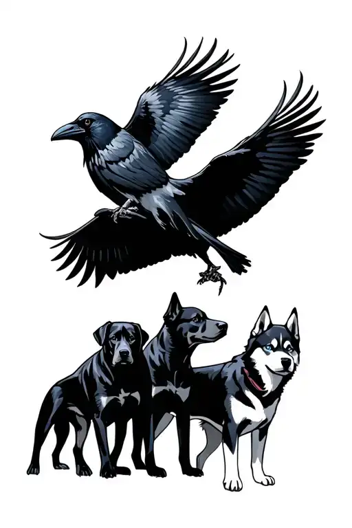 Outdoor Scene Featuring A Raven Over Looking 3 Black Labs And A Brown And White Husky With Blue Eyes