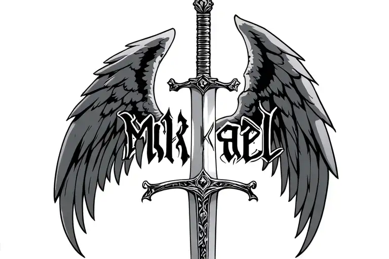 Mikael Name Tattoo With Angel Wings And Sword