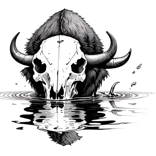 Only Bison Skull Drinking Water With Inverted Reflection