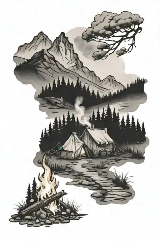 Mountain Trail Leading To Campfire Scene