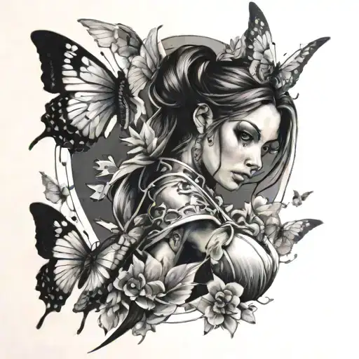 Woman Warrior With Butterflies Surrounding Sleeve