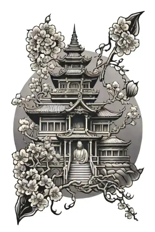 Buddha With Temple And Cherry Blossom Tree