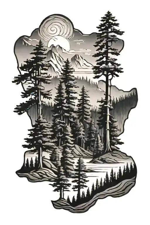 California Forest Landscape Tattoo Featuring Redwoods And Mountains