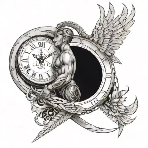 Warrior With Armor And Muscles A Cracked Clock Behind It With Dove Wings