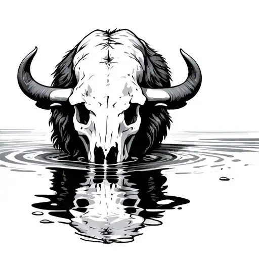 Bison Skull Drinking Water With Inverted Reflection