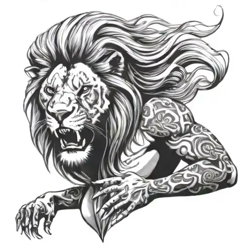 Woman And A Lion Roaring