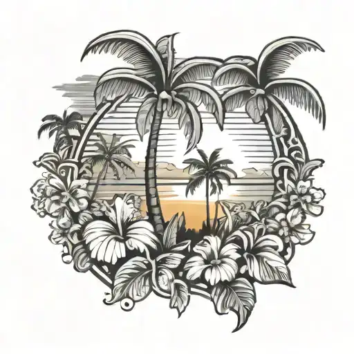 Puerto Rico Island With Palm Trees Sunset And Hibiscus Flowers