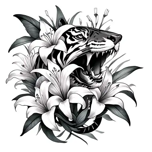 Toger Shark And Tiger Lilies Intertwined