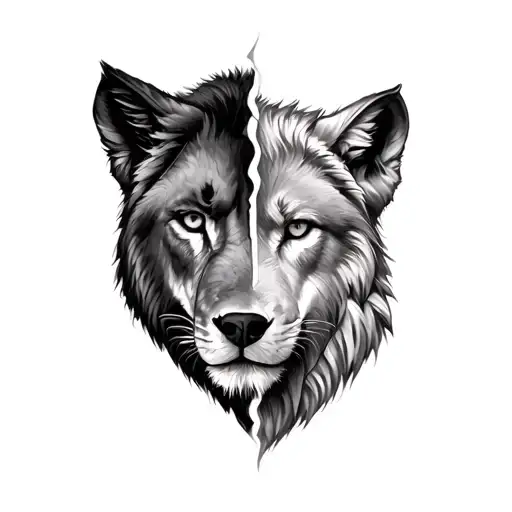 Split Face Of Half Lioness And Half She Wolf