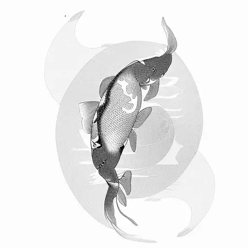2 Koi Fish In Ying And Yang In The Middle A Small Futterfly