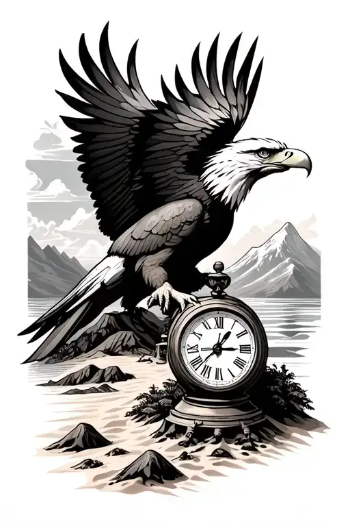 Eagle With Peace And Sand Clock And Mountain Landscape