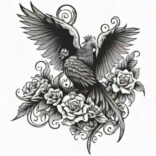 Phoenix With A Soward And Flowers Growing
