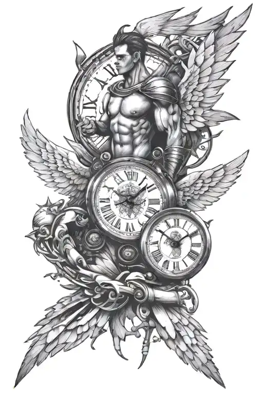 Warrior With Armor And Muscles A Cracked Clock Behind It With Dove Wings