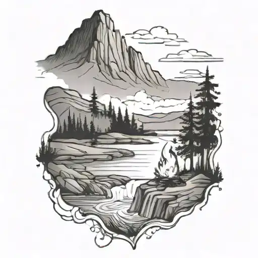 A River With A Campfire Beside It And Hills In The Background Waterfalls Down The Front