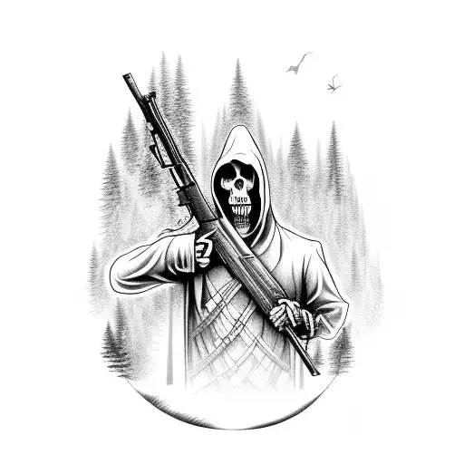 Grim Reaper Holding A Rifle With A Forest Backdrop
