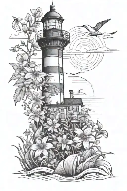 Lighthouse Fine Line With Wild Flowers On The Bottom