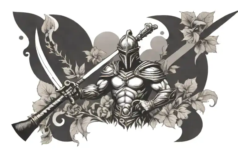 Warrior In A Garden Holding A Sword In One Hand And A Garden Hoe In The Other Hand