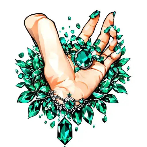 Full Color Tattoo For Female Back Where A Feminine Hand Drops Lots Of Emeralds