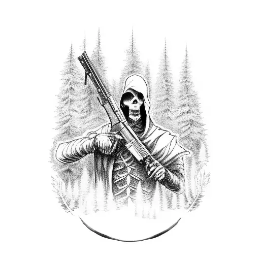 Grim Reaper Holding A Rifle With A Forest Backdrop