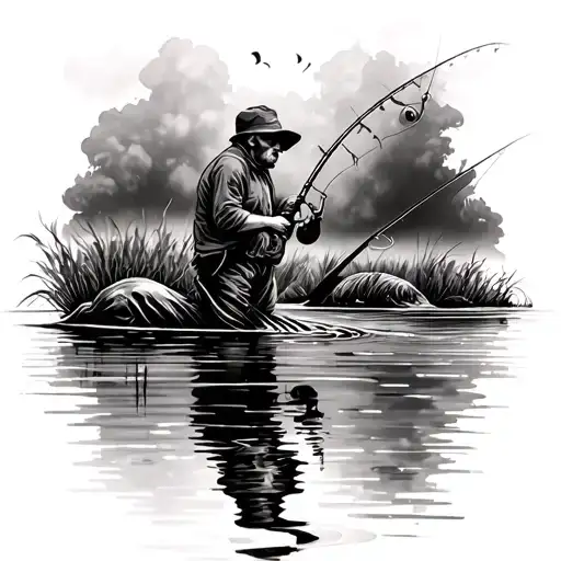 Guy Fishing But Reflection In The Water Is Death