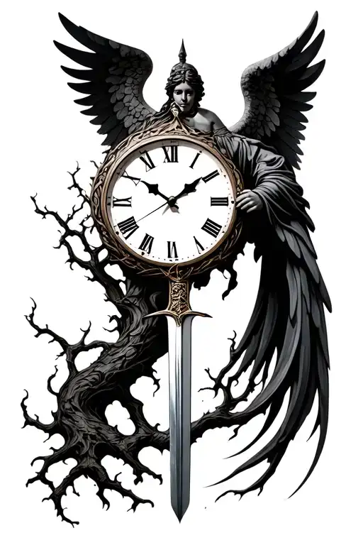 Tree Of Life Embedded Clock Angel Holding A Sword