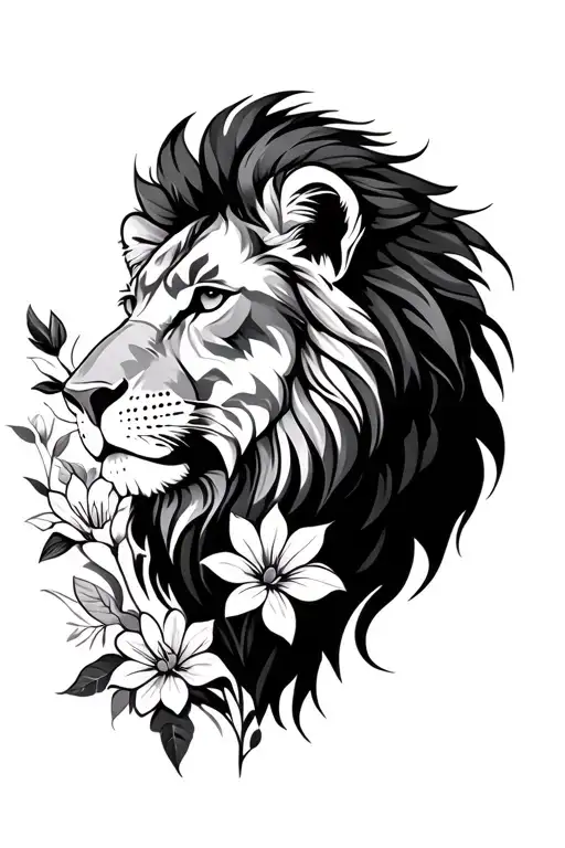Lion And Cosmo Flowers Fine Line And Geometric Shapes