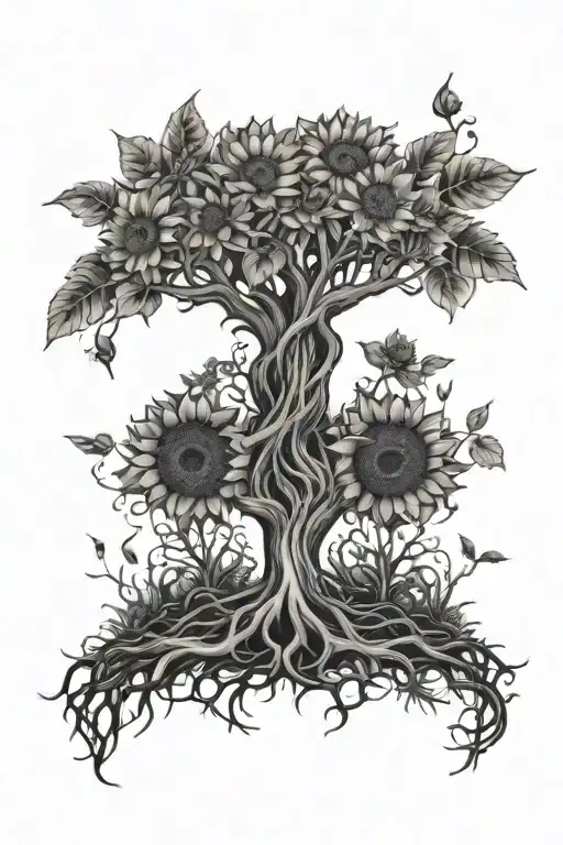 Tree Of Life With Roots And Sunflowers Growing Tattoo