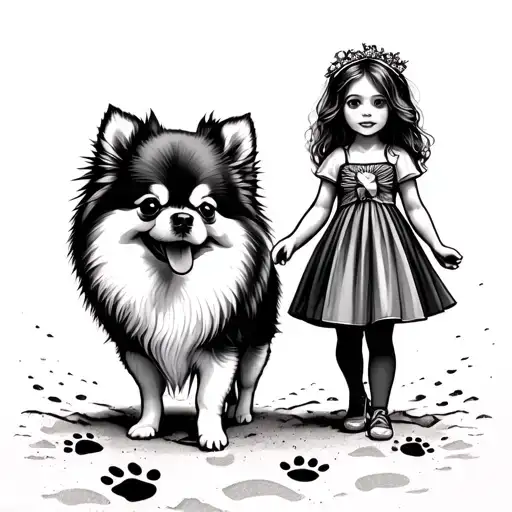 Pomeranian Dog And A Girl With Footprints And Paw Print Walking On The Sand
