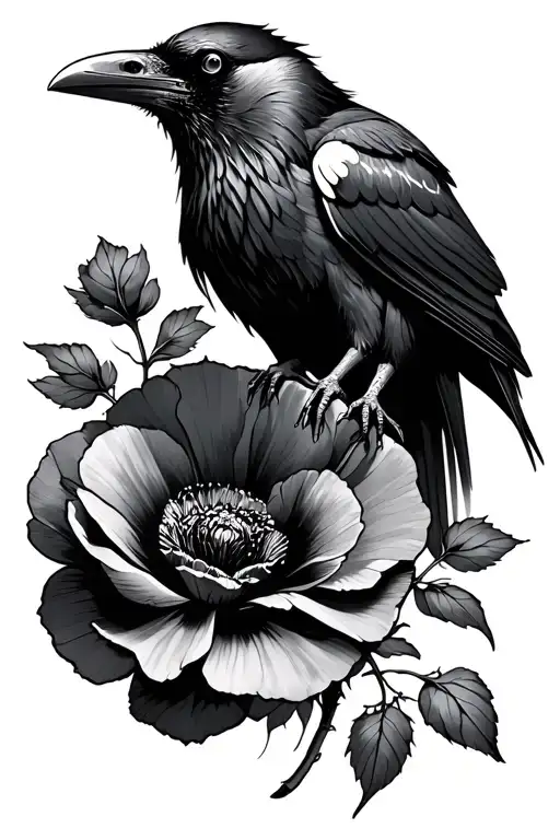 Raven Holding Poppy Flower By Stem