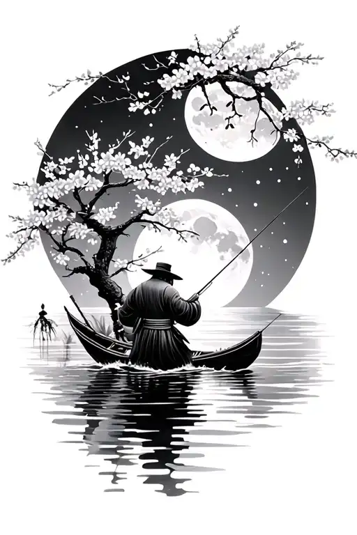 Tattoo Design Japanese Fisherman On The Water Cherry Blossom Tree Moon