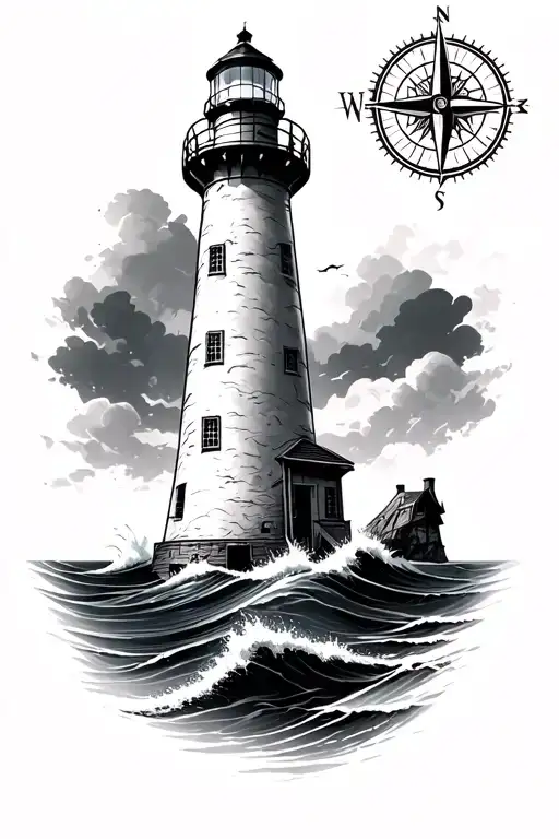 Lighthouse With Navigation Compass In Background And Water Waves At The Bottom
