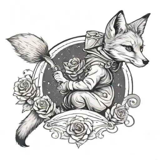 Little Prince Character On His Planet With The Fox And The Rose