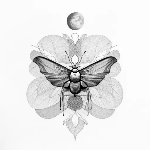 A Black And Grey Portrait Of A Luna Moth Surrounded By Intricate Botanical Elements