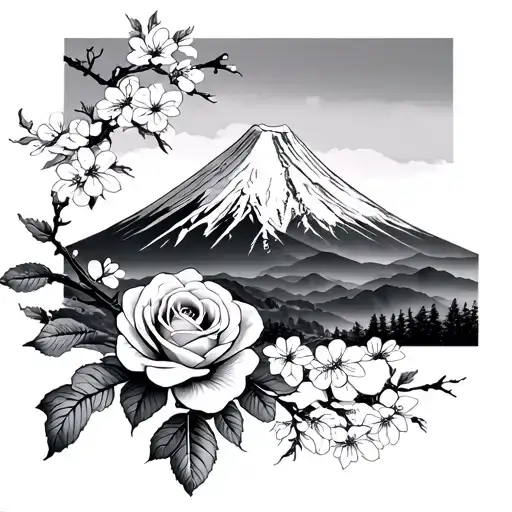 Mt Fuji And Mt Hood With Cherry Blossoms And Roses