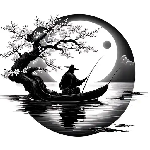 Tattoo Design Japanese Fisherman On The Water Cherry Blossom Tree Moon Forearm