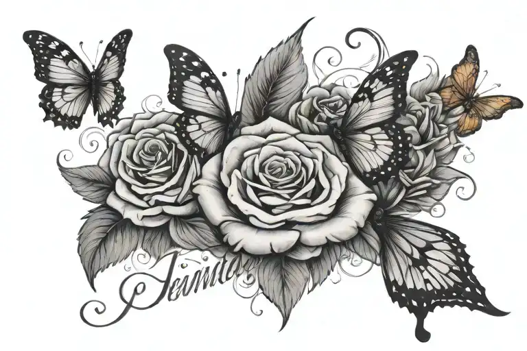 The Name Jennifer With A Rose On One Side And Butterflies On The Other