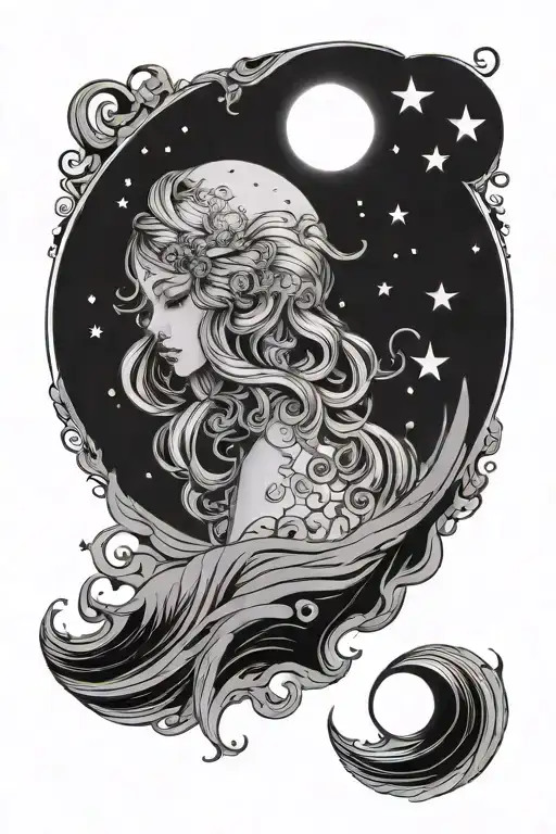 Feminine Moon And Stars With Waves