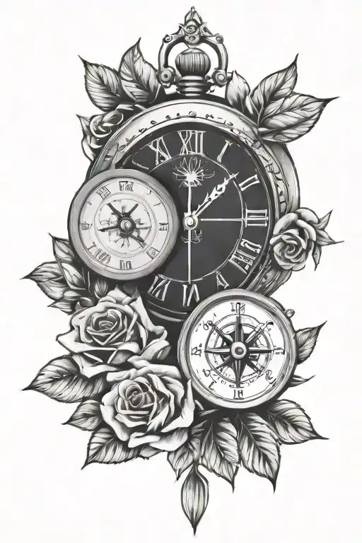Clock With Roses And Compass