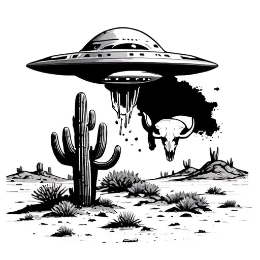 Simple Desert Landscape With Cactus Being Abducted By Ufo With A Bull Skull Next To The Cactus