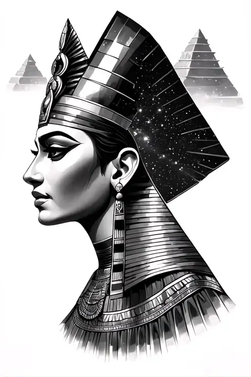 Egyptian Queen With Galaxy Background With 4 Pyramids