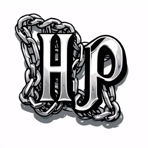 A Sign In Silver And Black In Large Neat Black Prints Initials H J P Connected By Silver Chains