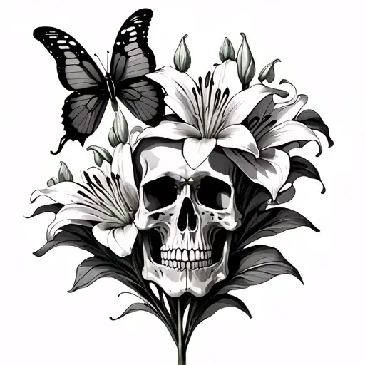 Lillies With Butterflies And Skulls Representing Dark Periods