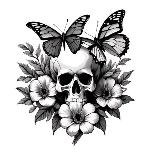 Flowers With Butterflies And Skulls Representing Dark Periods
