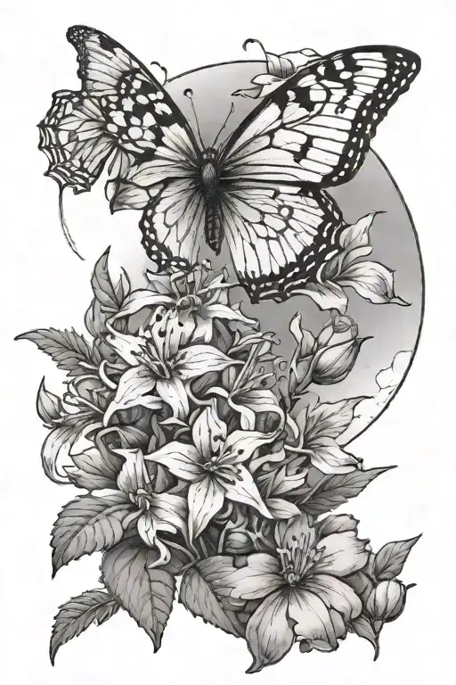 Larkspur Aster Flowers With One Butterfly Moon And Cardinal