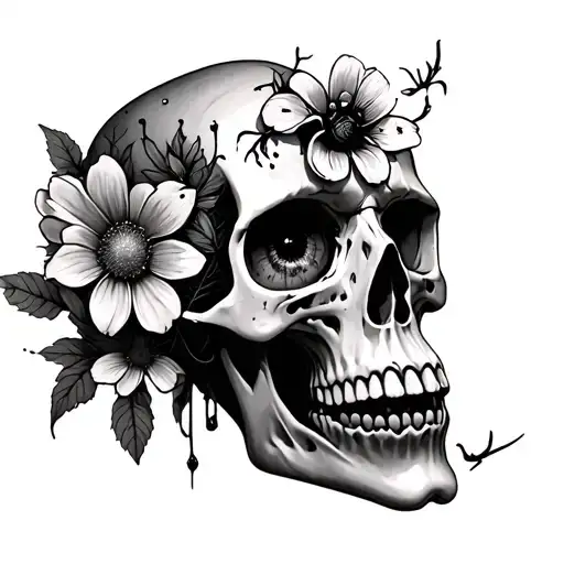 Decaying Skull With Spider In Eye Socket And Flowers