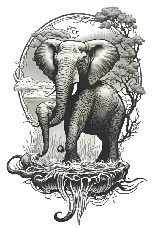 Nature Elements Like Water With Elephant