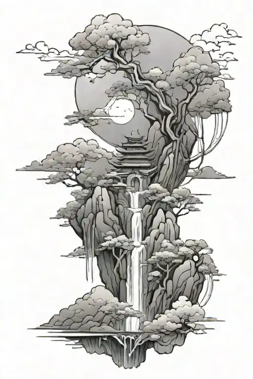 Asian Style Mountain Waterfall Scenery Cloud Moon Surrounded