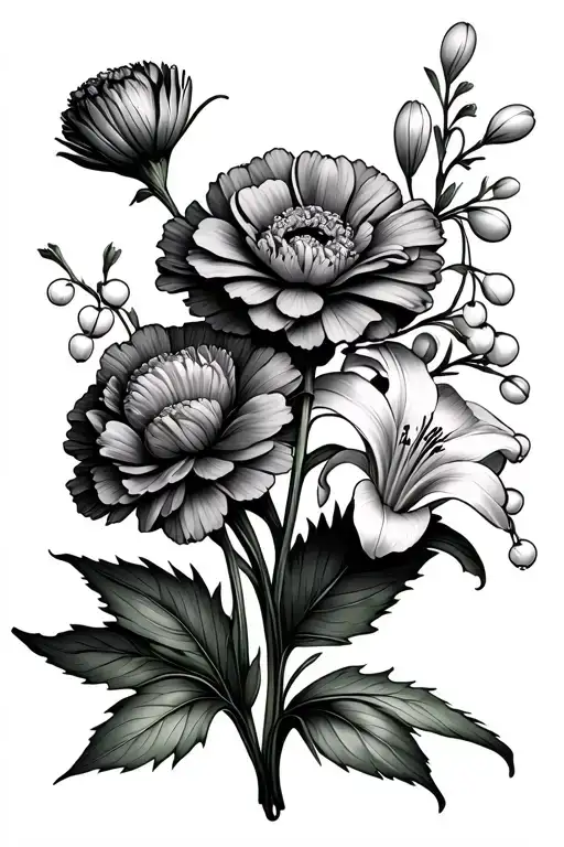 Simple Floral Bouquet With One Marigold One Carnation And One Lily Of The Valley