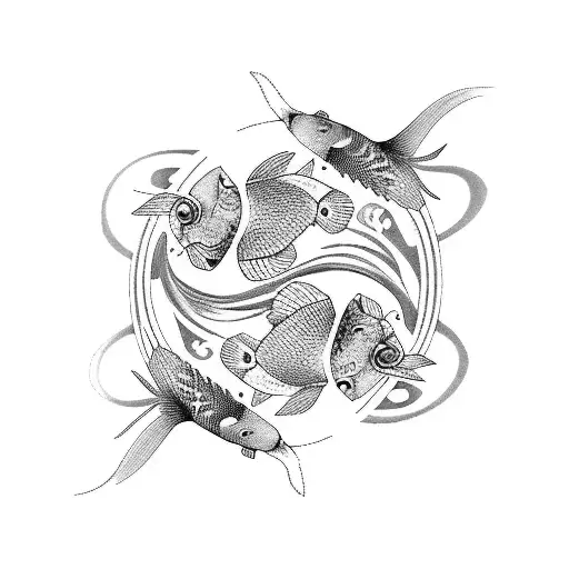 2 Koi Fish Swimming In Ying And Yang In The Middle A Small Futterfly