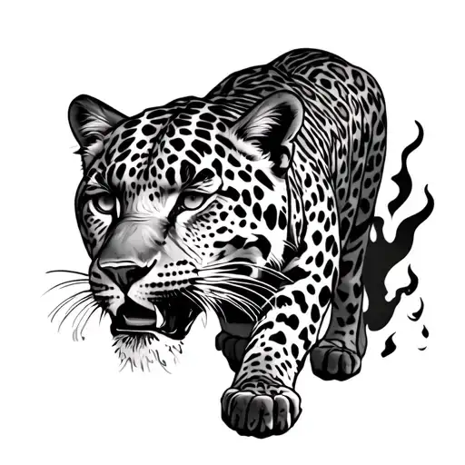 Leopard With Spots Made Of Burning Coal Walking Through Fire Pit